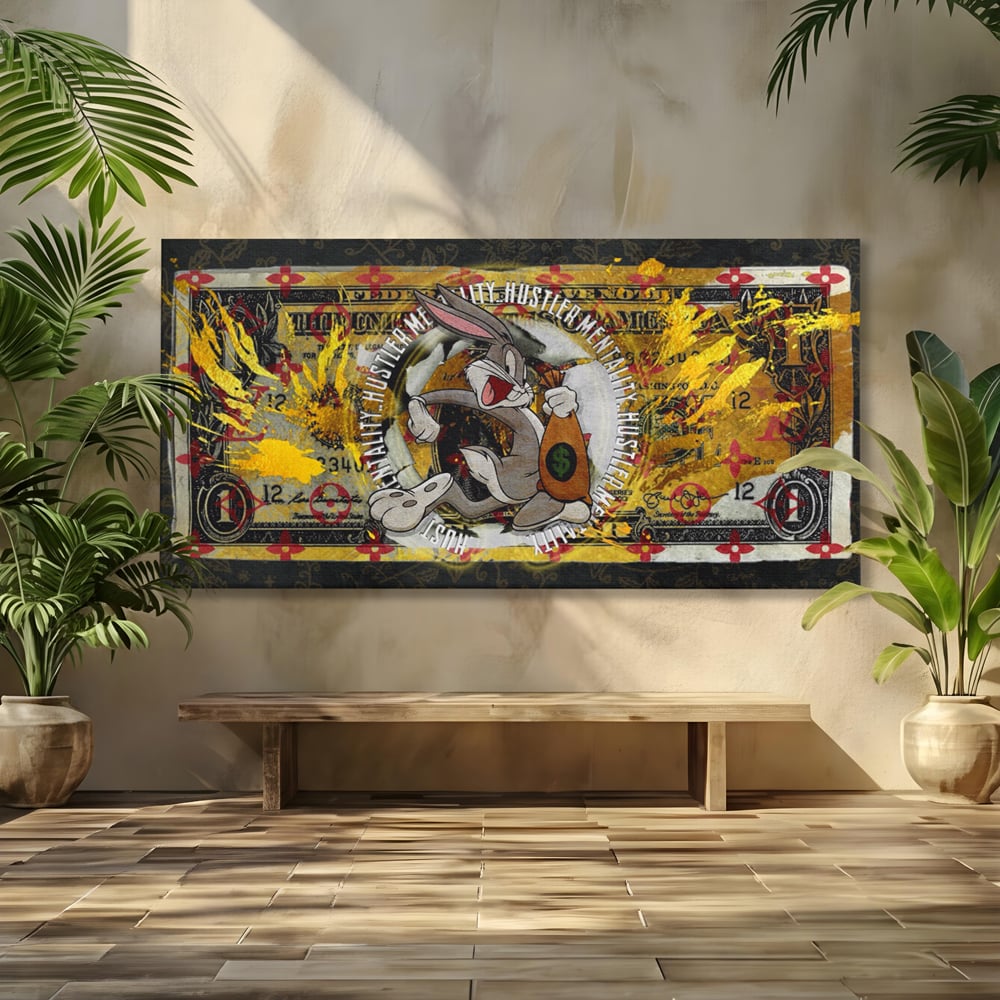Tablou canvas cu tablou canvas cu dolar si bugs bunny, fara rama, pe sasiu de lemn